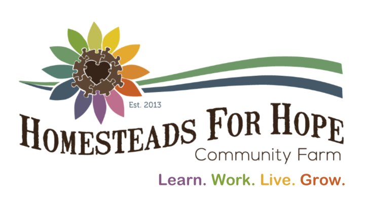 a Logo that reads Homesteads for Hope Community Farm. Learn, Work, Live, Grow